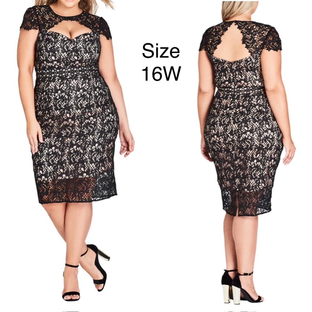 City Chic Dress Pretty Lace Black Lace Nude Lining Size S/16 New With Tag